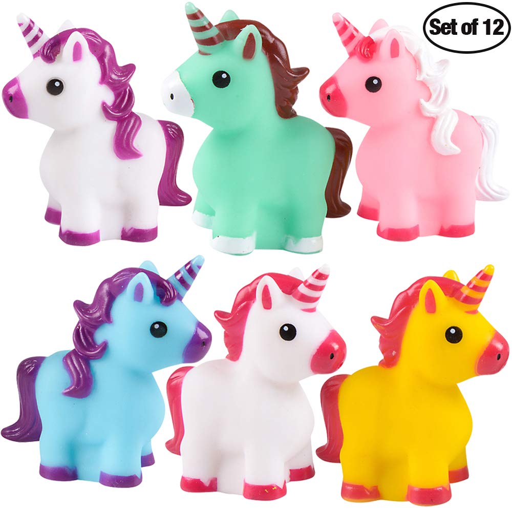 Mini Unicorn Toy Figures - (Pack of 12) Squirt Bath Tub Toy for Kids, Squeezable and Squirtable Figurine Party Favor Supplies, Goodie Bag Fillers and Stocking Stuffers